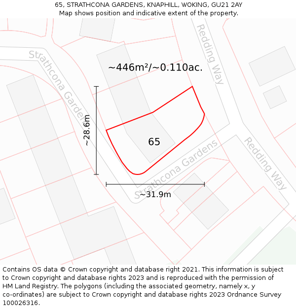 65, STRATHCONA GARDENS, KNAPHILL, WOKING, GU21 2AY: Plot and title map