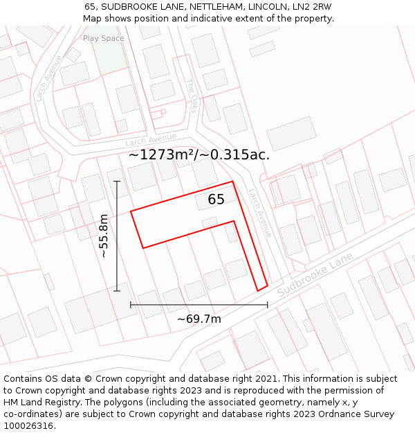 65, SUDBROOKE LANE, NETTLEHAM, LINCOLN, LN2 2RW: Plot and title map