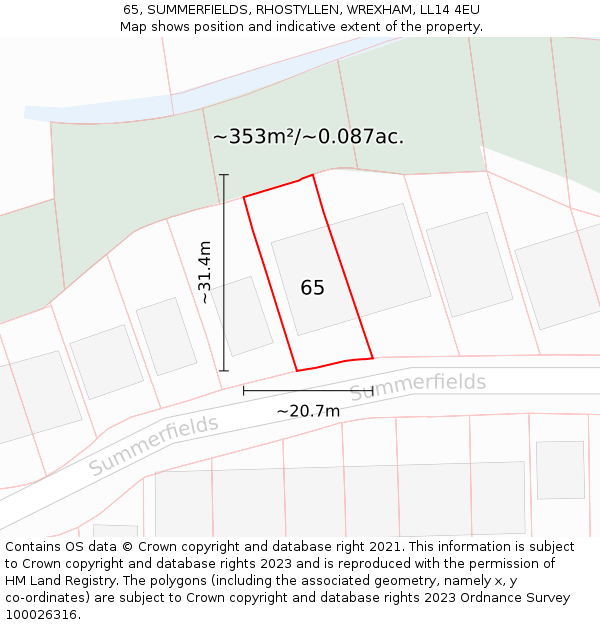 65, SUMMERFIELDS, RHOSTYLLEN, WREXHAM, LL14 4EU: Plot and title map