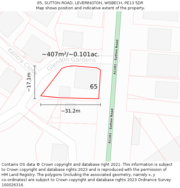 65, SUTTON ROAD, LEVERINGTON, WISBECH, PE13 5DR: Plot and title map