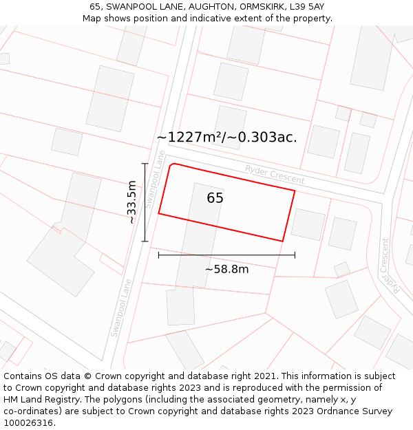 65, SWANPOOL LANE, AUGHTON, ORMSKIRK, L39 5AY: Plot and title map