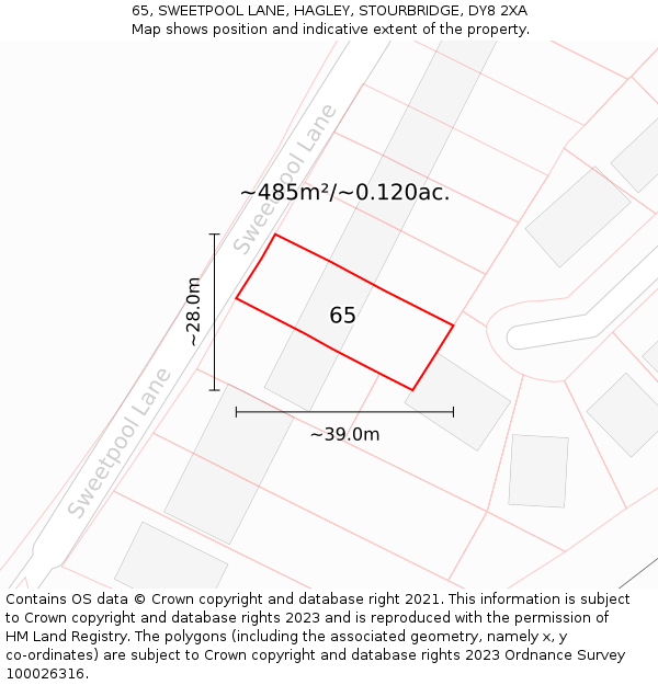 65, SWEETPOOL LANE, HAGLEY, STOURBRIDGE, DY8 2XA: Plot and title map