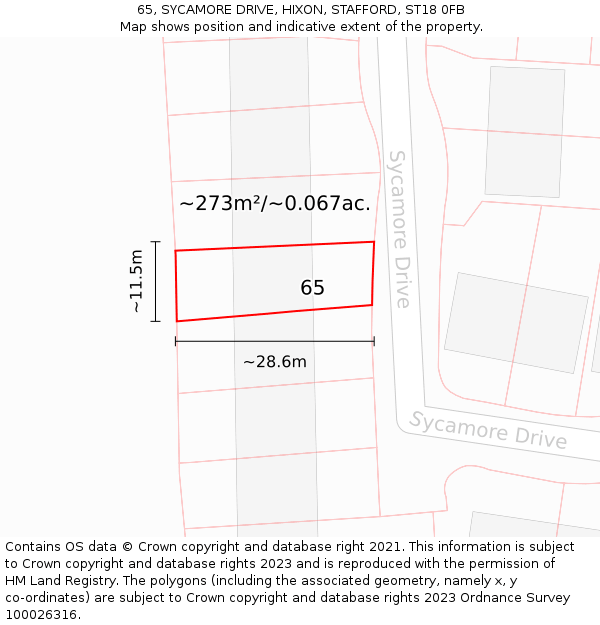 65, SYCAMORE DRIVE, HIXON, STAFFORD, ST18 0FB: Plot and title map
