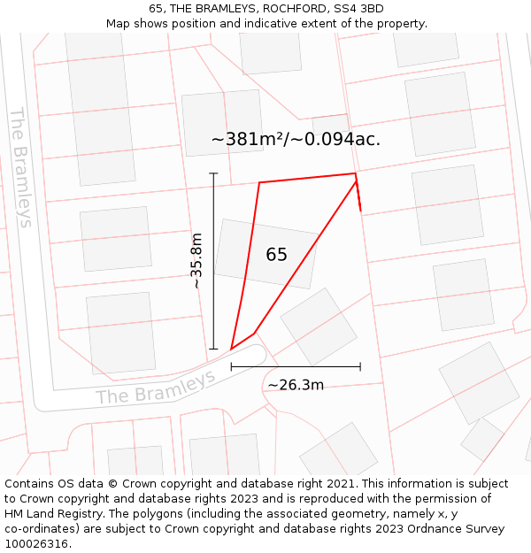 65, THE BRAMLEYS, ROCHFORD, SS4 3BD: Plot and title map