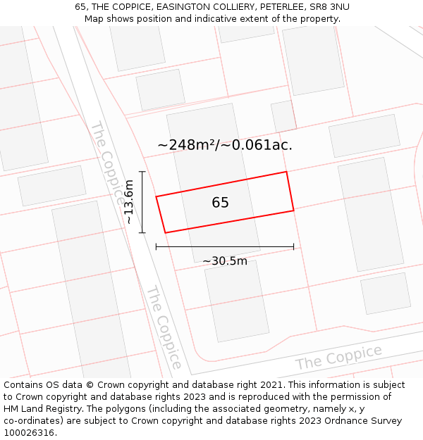 65, THE COPPICE, EASINGTON COLLIERY, PETERLEE, SR8 3NU: Plot and title map