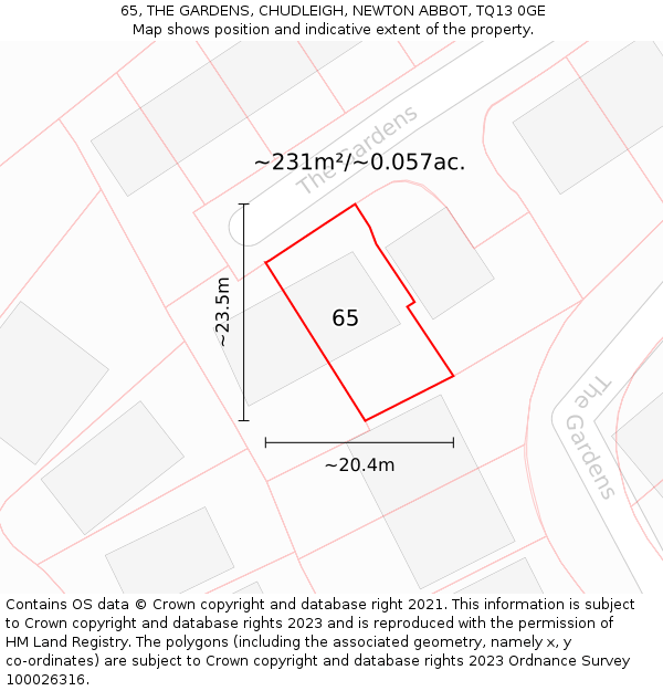 65, THE GARDENS, CHUDLEIGH, NEWTON ABBOT, TQ13 0GE: Plot and title map