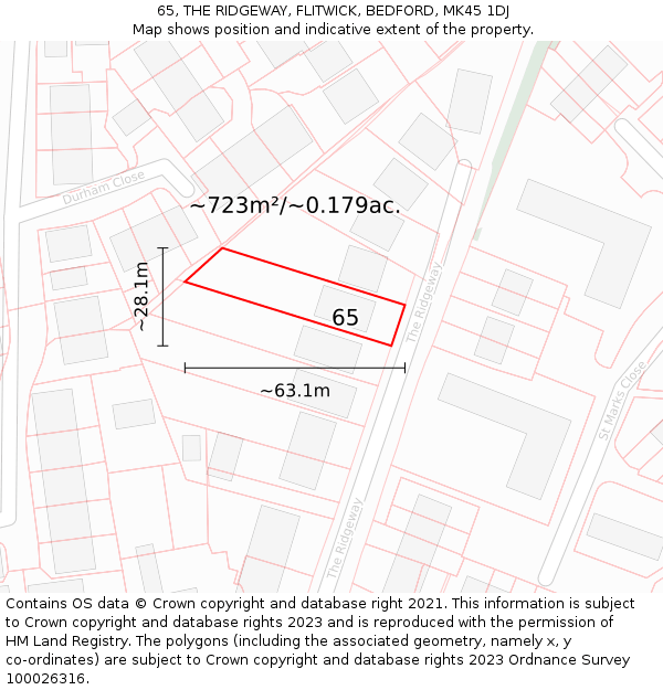 65, THE RIDGEWAY, FLITWICK, BEDFORD, MK45 1DJ: Plot and title map