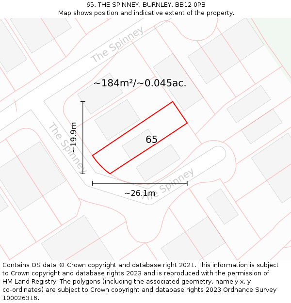 65, THE SPINNEY, BURNLEY, BB12 0PB: Plot and title map