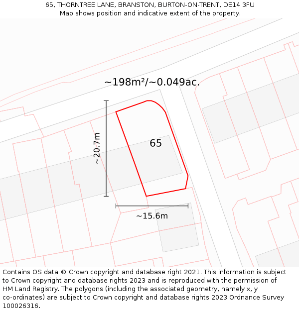65, THORNTREE LANE, BRANSTON, BURTON-ON-TRENT, DE14 3FU: Plot and title map