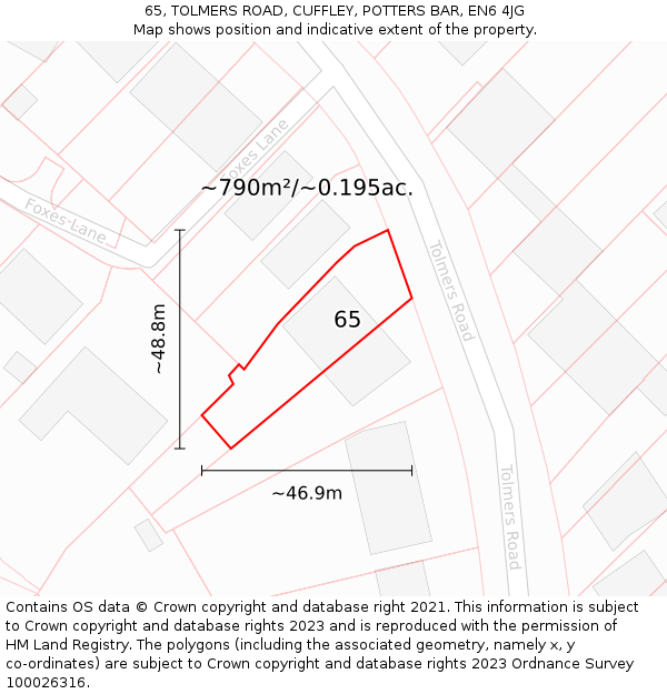 65, TOLMERS ROAD, CUFFLEY, POTTERS BAR, EN6 4JG: Plot and title map