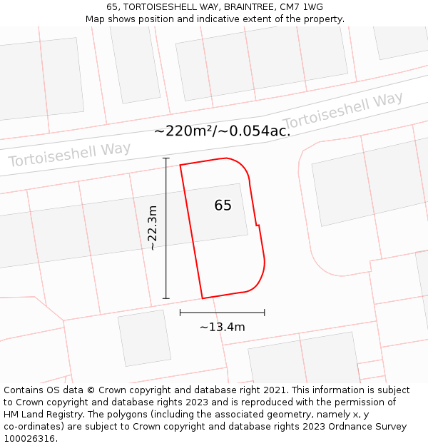 65, TORTOISESHELL WAY, BRAINTREE, CM7 1WG: Plot and title map