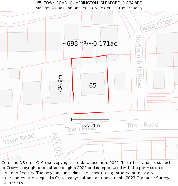 65, TOWN ROAD, QUARRINGTON, SLEAFORD, NG34 8RS: Plot and title map