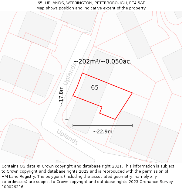 65, UPLANDS, WERRINGTON, PETERBOROUGH, PE4 5AF: Plot and title map