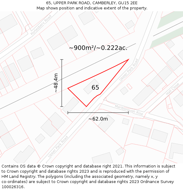 65, UPPER PARK ROAD, CAMBERLEY, GU15 2EE: Plot and title map