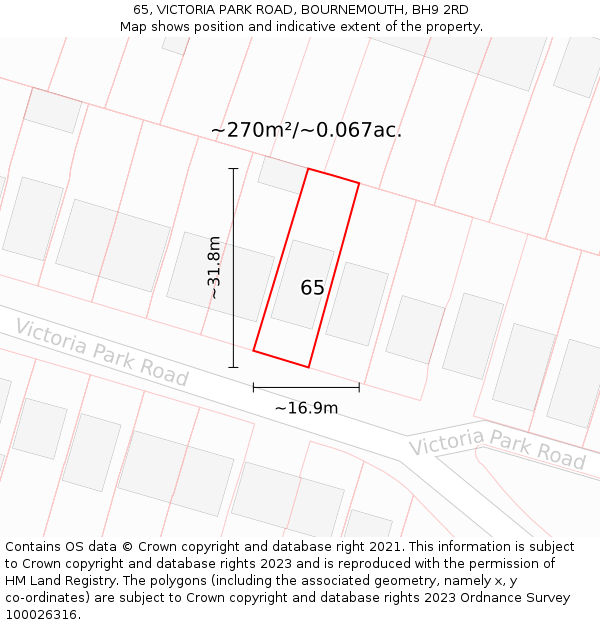 65, VICTORIA PARK ROAD, BOURNEMOUTH, BH9 2RD: Plot and title map