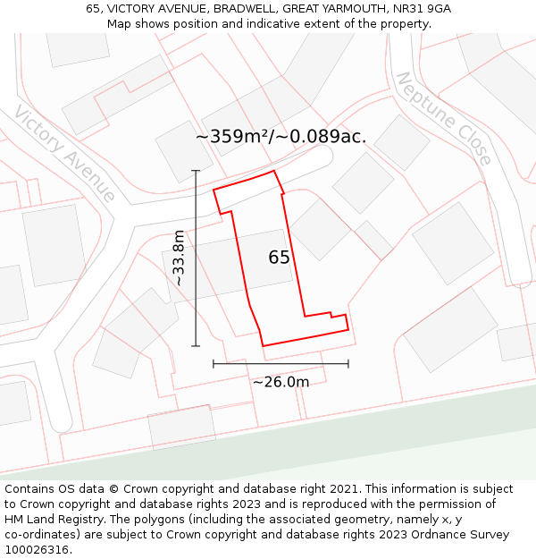 65, VICTORY AVENUE, BRADWELL, GREAT YARMOUTH, NR31 9GA: Plot and title map