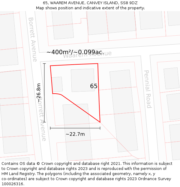 65, WAAREM AVENUE, CANVEY ISLAND, SS8 9DZ: Plot and title map