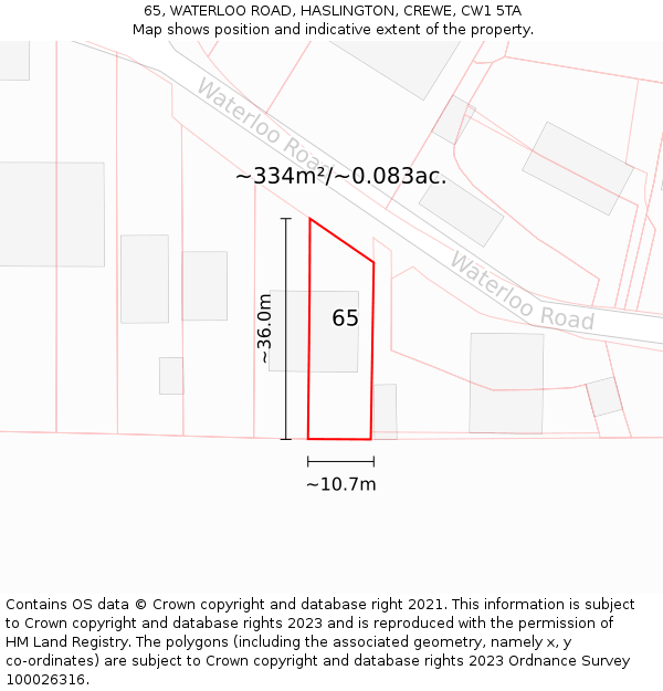 65, WATERLOO ROAD, HASLINGTON, CREWE, CW1 5TA: Plot and title map