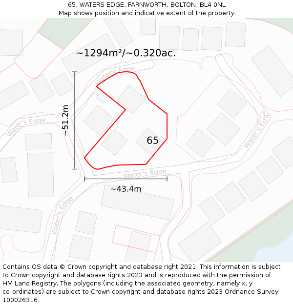 65, WATERS EDGE, FARNWORTH, BOLTON, BL4 0NL: Plot and title map