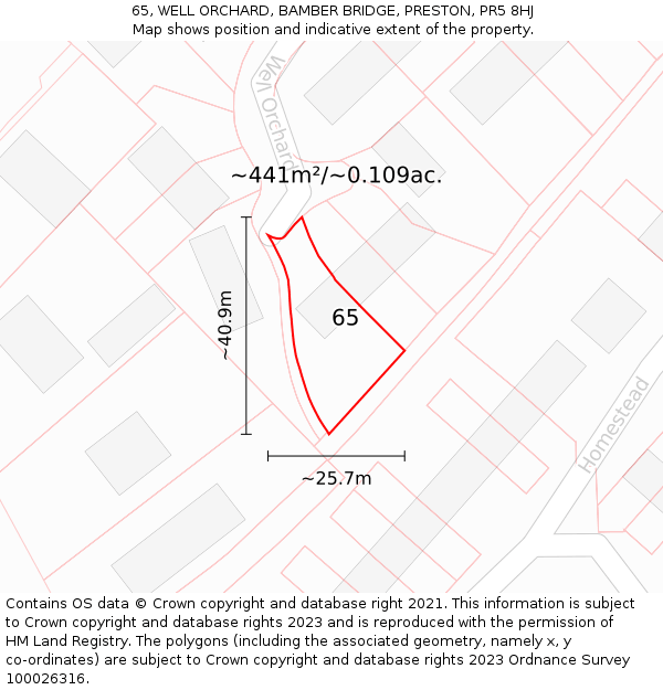 65, WELL ORCHARD, BAMBER BRIDGE, PRESTON, PR5 8HJ: Plot and title map