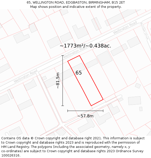 65, WELLINGTON ROAD, EDGBASTON, BIRMINGHAM, B15 2ET: Plot and title map