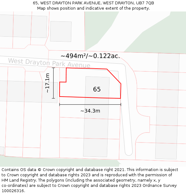 65, WEST DRAYTON PARK AVENUE, WEST DRAYTON, UB7 7QB: Plot and title map