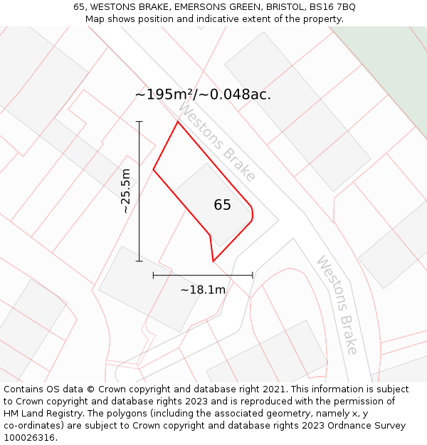 65, WESTONS BRAKE, EMERSONS GREEN, BRISTOL, BS16 7BQ: Plot and title map