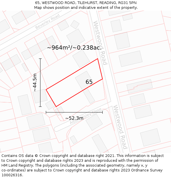 65, WESTWOOD ROAD, TILEHURST, READING, RG31 5PN: Plot and title map