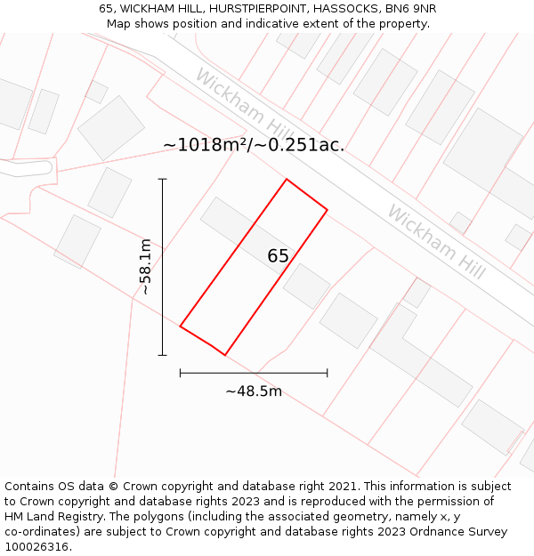 65, WICKHAM HILL, HURSTPIERPOINT, HASSOCKS, BN6 9NR: Plot and title map