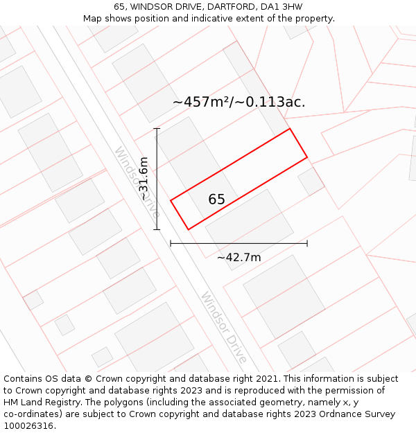 65, WINDSOR DRIVE, DARTFORD, DA1 3HW: Plot and title map