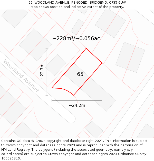 65, WOODLAND AVENUE, PENCOED, BRIDGEND, CF35 6UW: Plot and title map