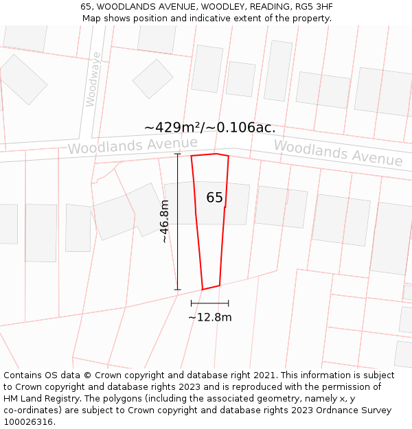 65, WOODLANDS AVENUE, WOODLEY, READING, RG5 3HF: Plot and title map