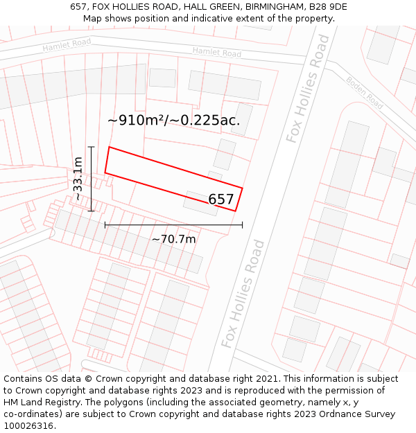 657, FOX HOLLIES ROAD, HALL GREEN, BIRMINGHAM, B28 9DE: Plot and title map
