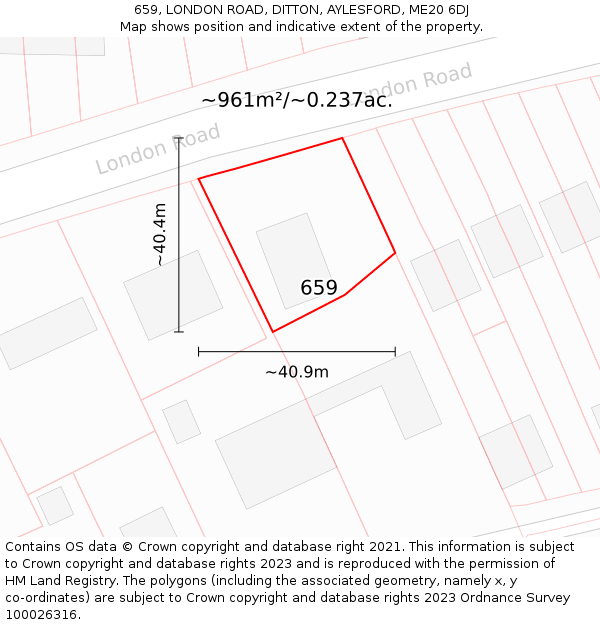 659, LONDON ROAD, DITTON, AYLESFORD, ME20 6DJ: Plot and title map