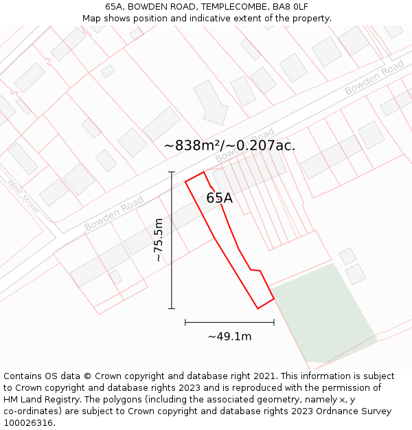 65A, BOWDEN ROAD, TEMPLECOMBE, BA8 0LF: Plot and title map