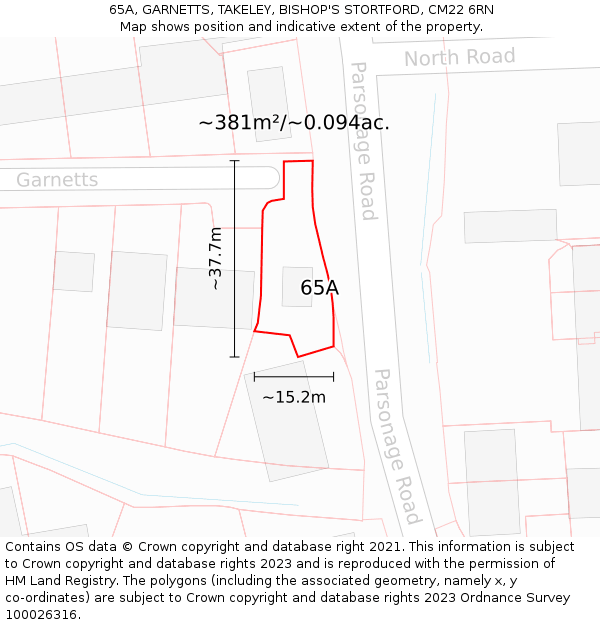 65A, GARNETTS, TAKELEY, BISHOP'S STORTFORD, CM22 6RN: Plot and title map