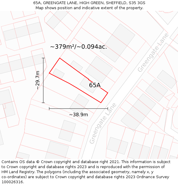65A, GREENGATE LANE, HIGH GREEN, SHEFFIELD, S35 3GS: Plot and title map