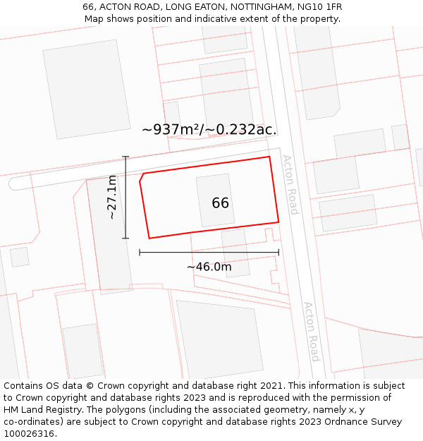 66, ACTON ROAD, LONG EATON, NOTTINGHAM, NG10 1FR: Plot and title map