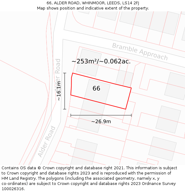 66, ALDER ROAD, WHINMOOR, LEEDS, LS14 2FJ: Plot and title map