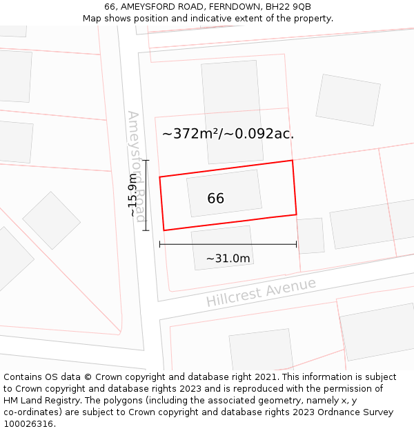 66, AMEYSFORD ROAD, FERNDOWN, BH22 9QB: Plot and title map