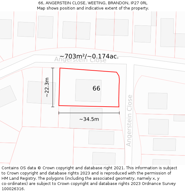 66, ANGERSTEIN CLOSE, WEETING, BRANDON, IP27 0RL: Plot and title map