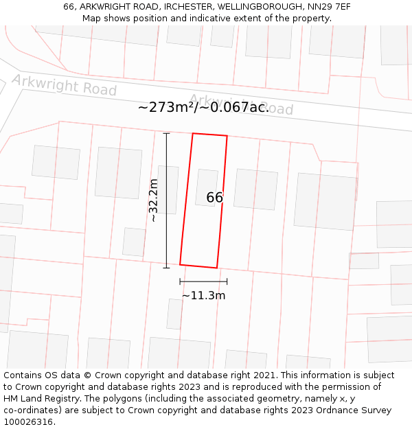 66, ARKWRIGHT ROAD, IRCHESTER, WELLINGBOROUGH, NN29 7EF: Plot and title map