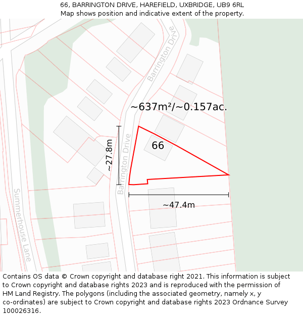 66, BARRINGTON DRIVE, HAREFIELD, UXBRIDGE, UB9 6RL: Plot and title map