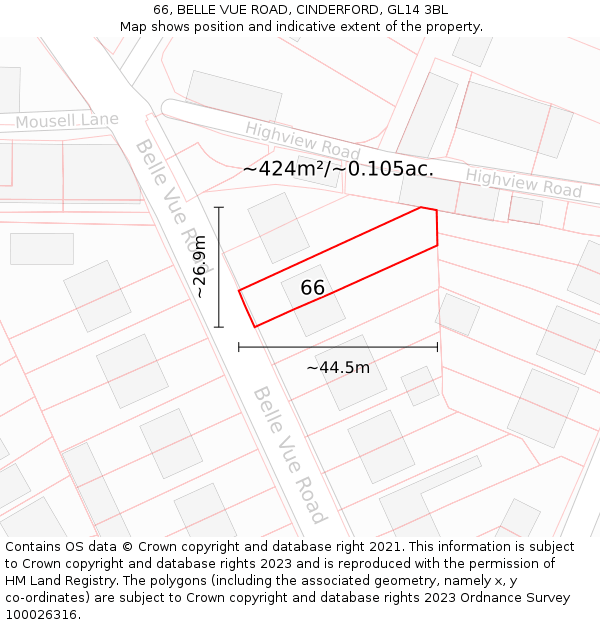 66, BELLE VUE ROAD, CINDERFORD, GL14 3BL: Plot and title map