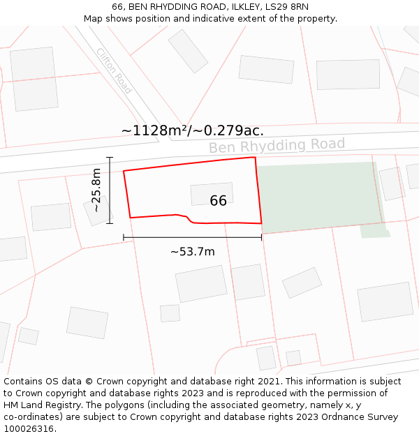 66, BEN RHYDDING ROAD, ILKLEY, LS29 8RN: Plot and title map