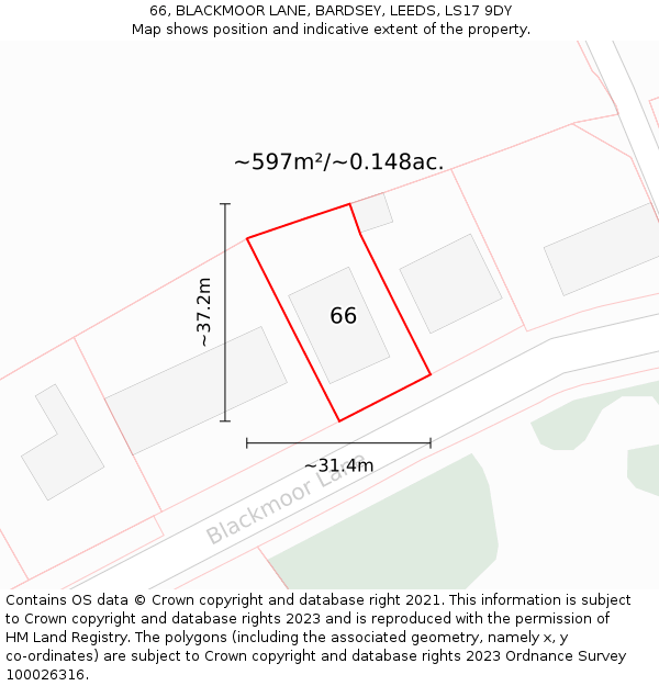 66, BLACKMOOR LANE, BARDSEY, LEEDS, LS17 9DY: Plot and title map