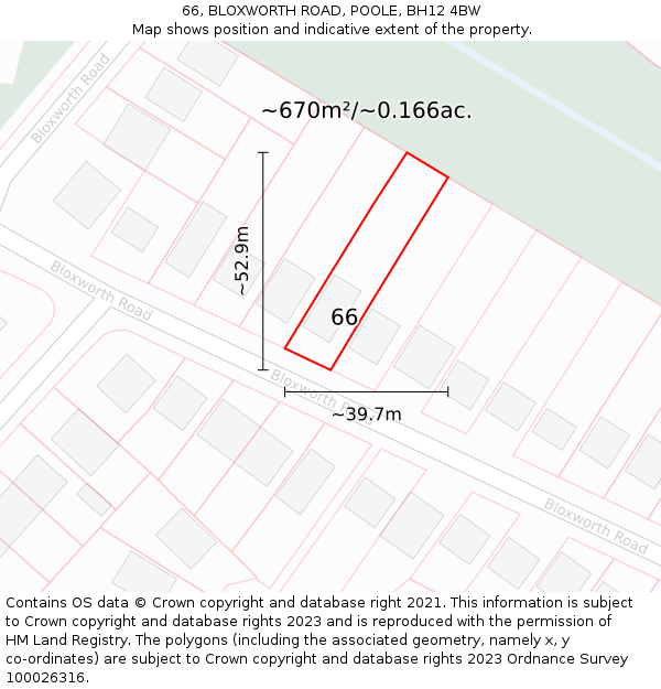 66, BLOXWORTH ROAD, POOLE, BH12 4BW: Plot and title map