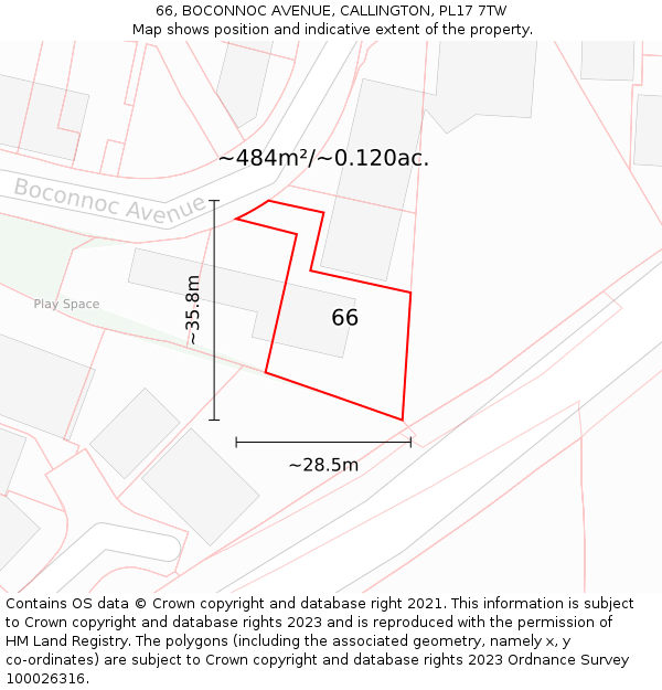 66, BOCONNOC AVENUE, CALLINGTON, PL17 7TW: Plot and title map