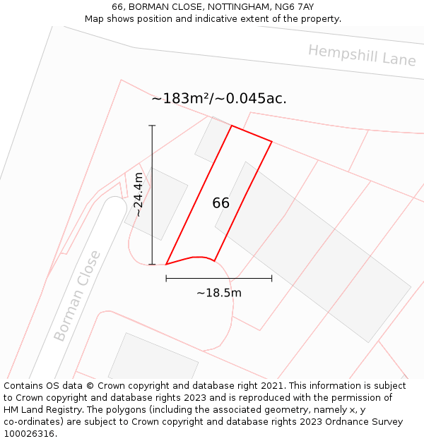 66, BORMAN CLOSE, NOTTINGHAM, NG6 7AY: Plot and title map
