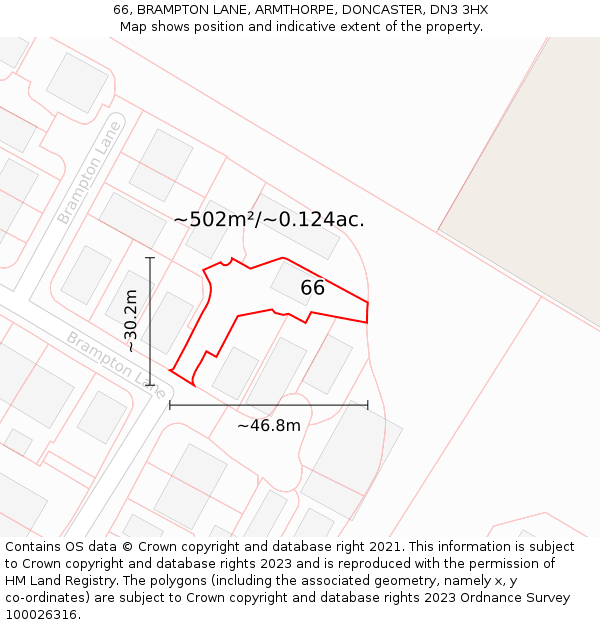 66, BRAMPTON LANE, ARMTHORPE, DONCASTER, DN3 3HX: Plot and title map